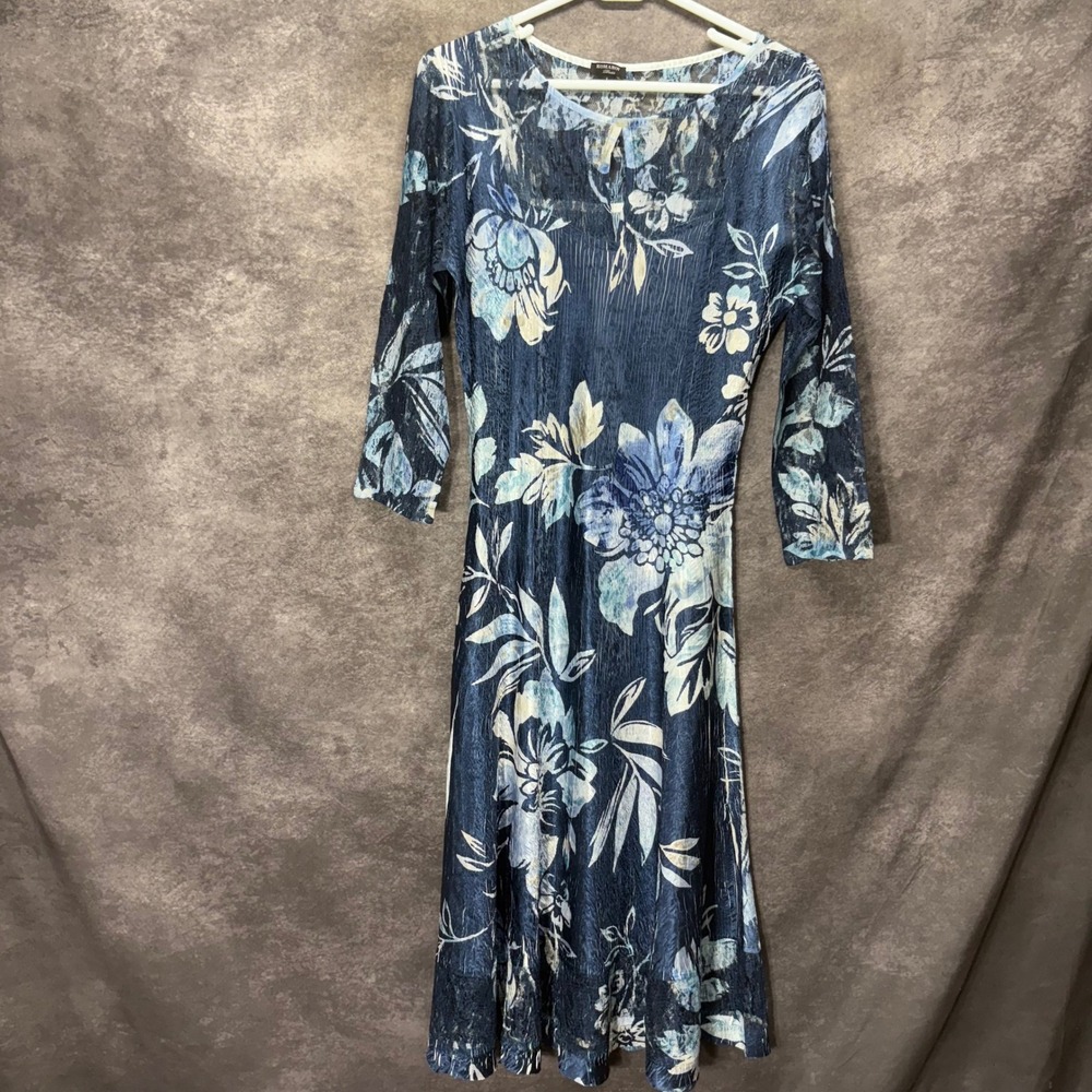 Komarov Floral Charmeuse Crinkle Lace Midi Dress Size L Navy Blue Chic Romantic